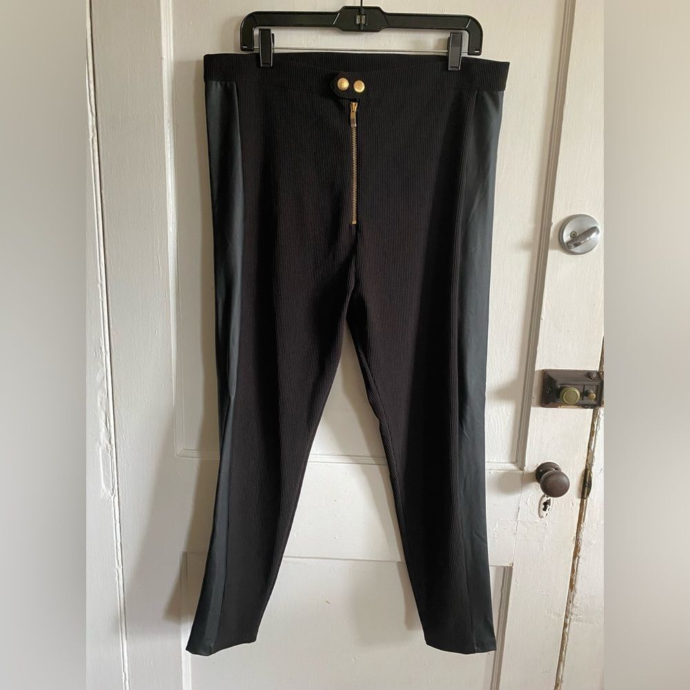River Island High Waist Gold Zipper & Button Textured Pull On Trousers Size 14